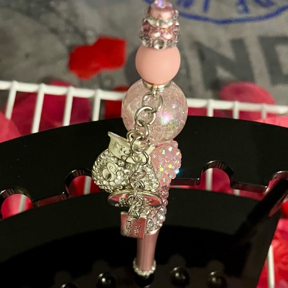 Handmade Pink & Silver Bling Beaded Pen | Rhinestone Charm Pen - Picture 6 of 14